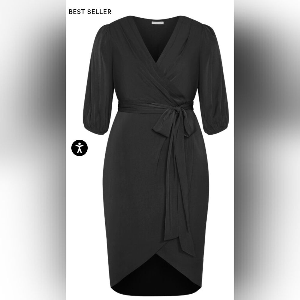City Chic Black Faux Wrap Midi Dress with Tulip Sleeves - Size 16 - Picture 4 of 11